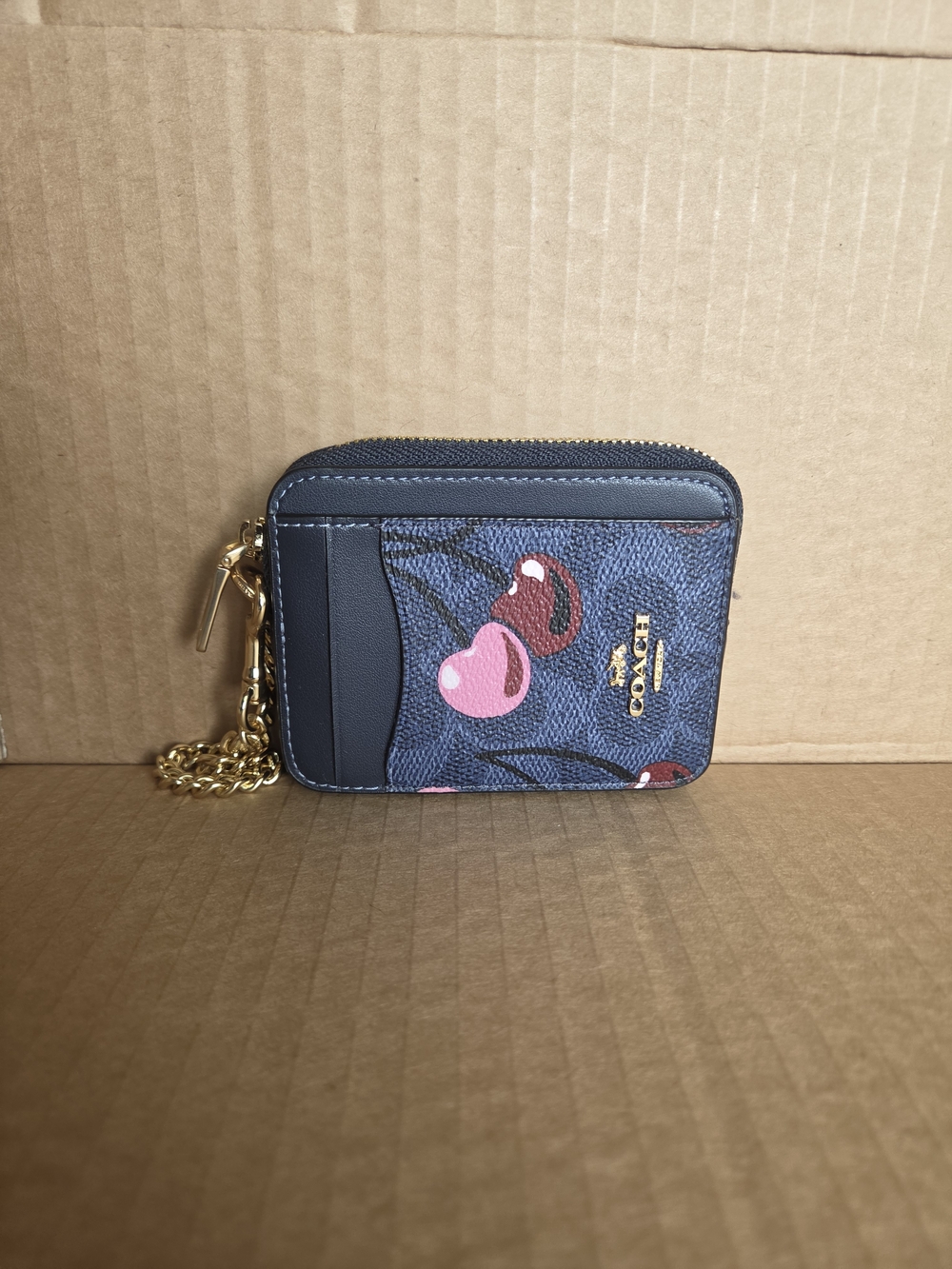 Coach Cherry Print Zip Signatur3 Card Case In Navy